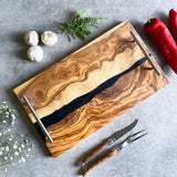 Olive Wood Resin River Tray - Black Vein | Length 15.7" (40cm) Steel Handles