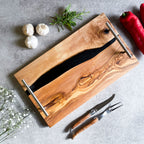 Olive Wood Resin River Tray - Black Vein | Length 15.7" (40cm) Steel Handles