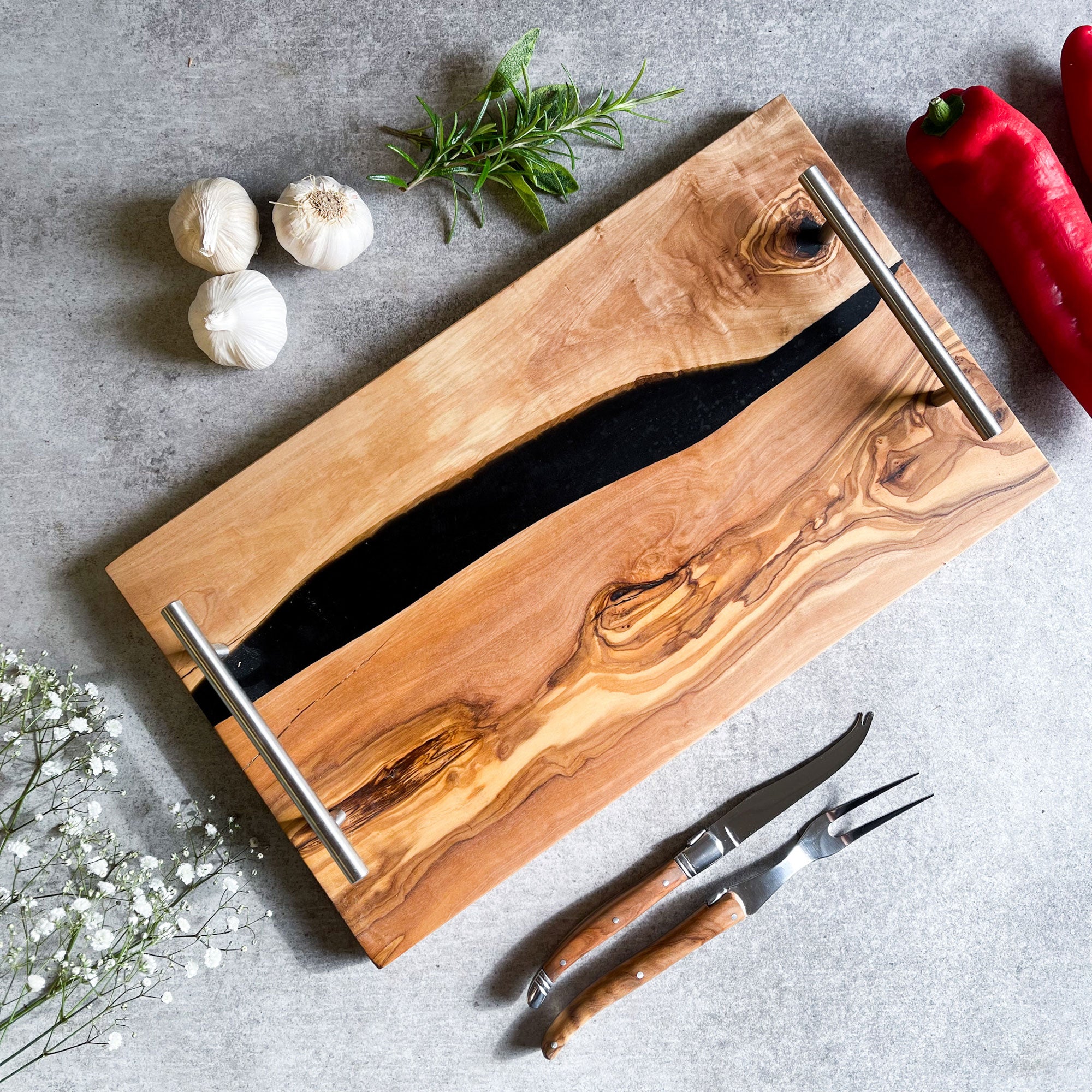 Olive Wood Resin River Tray - Black Vein | Length 15.7" (40cm) Steel Handles
