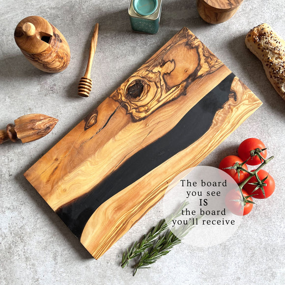 Olive Wood Resin River Cheese Board - Black Vein | Length 15.7