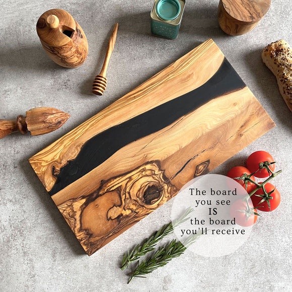 Olive Wood Resin River Cheese Board - Black Vein | Length 15.7