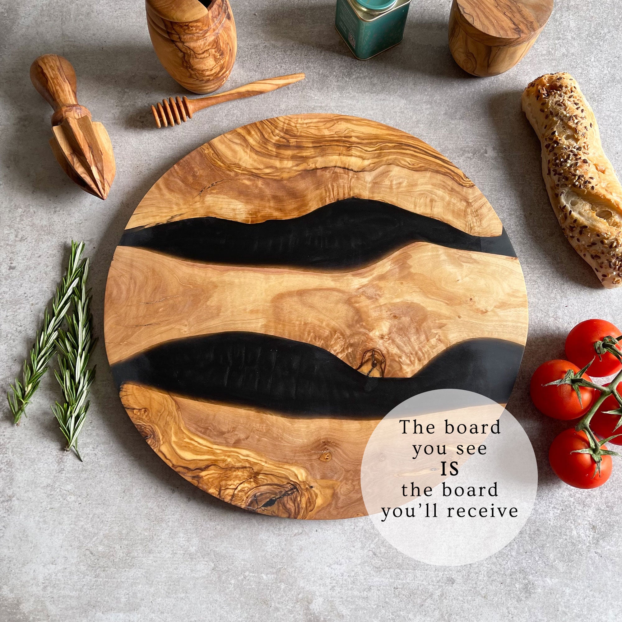 Large Olive Wood Serving River Board with Dual Black Veins - Dia 14" (35cm)