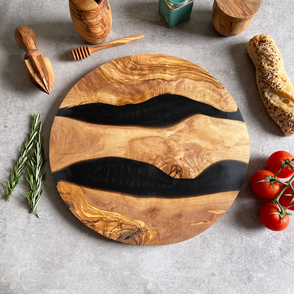 Large Olive Wood Serving River Board with Dual Black Veins - Dia 14" (35cm)