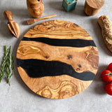 Large Olive Wood Serving River Board with Dual Black Veins - Dia 14" (35cm)