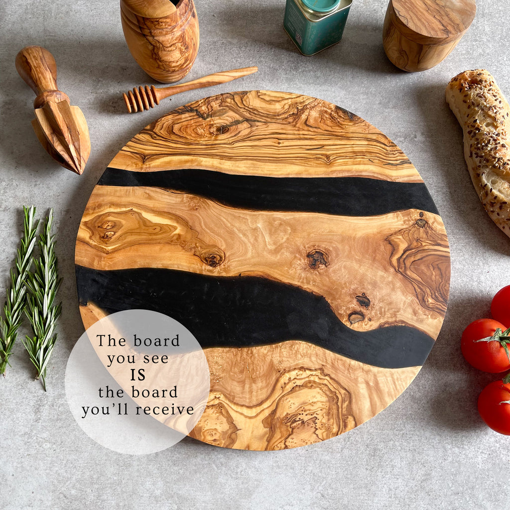 Large Olive Wood Serving River Board with Dual Black Veins - Dia 14" (35cm)