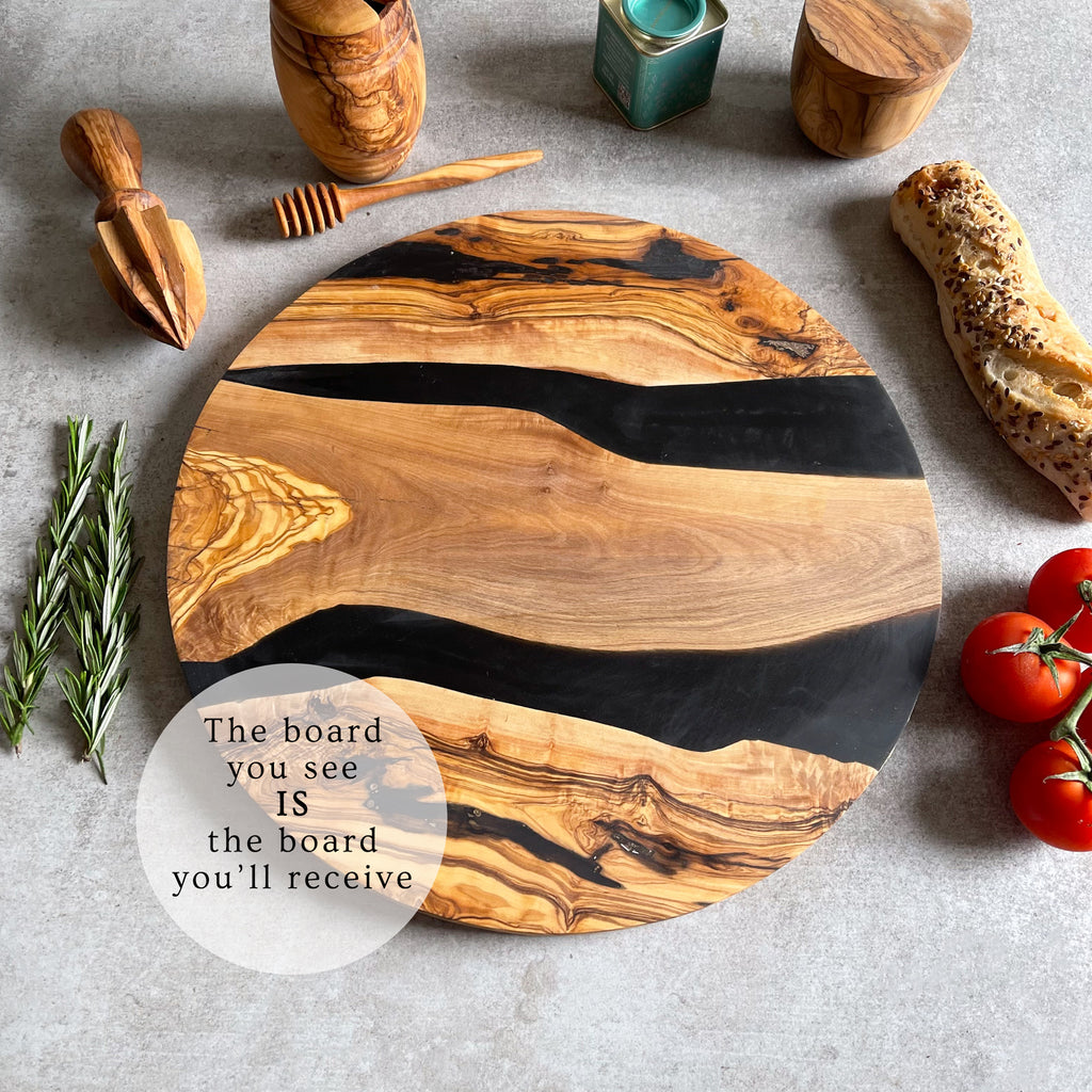 Large Olive Wood Serving River Board with Dual Black Veins - Dia 14" (35cm)