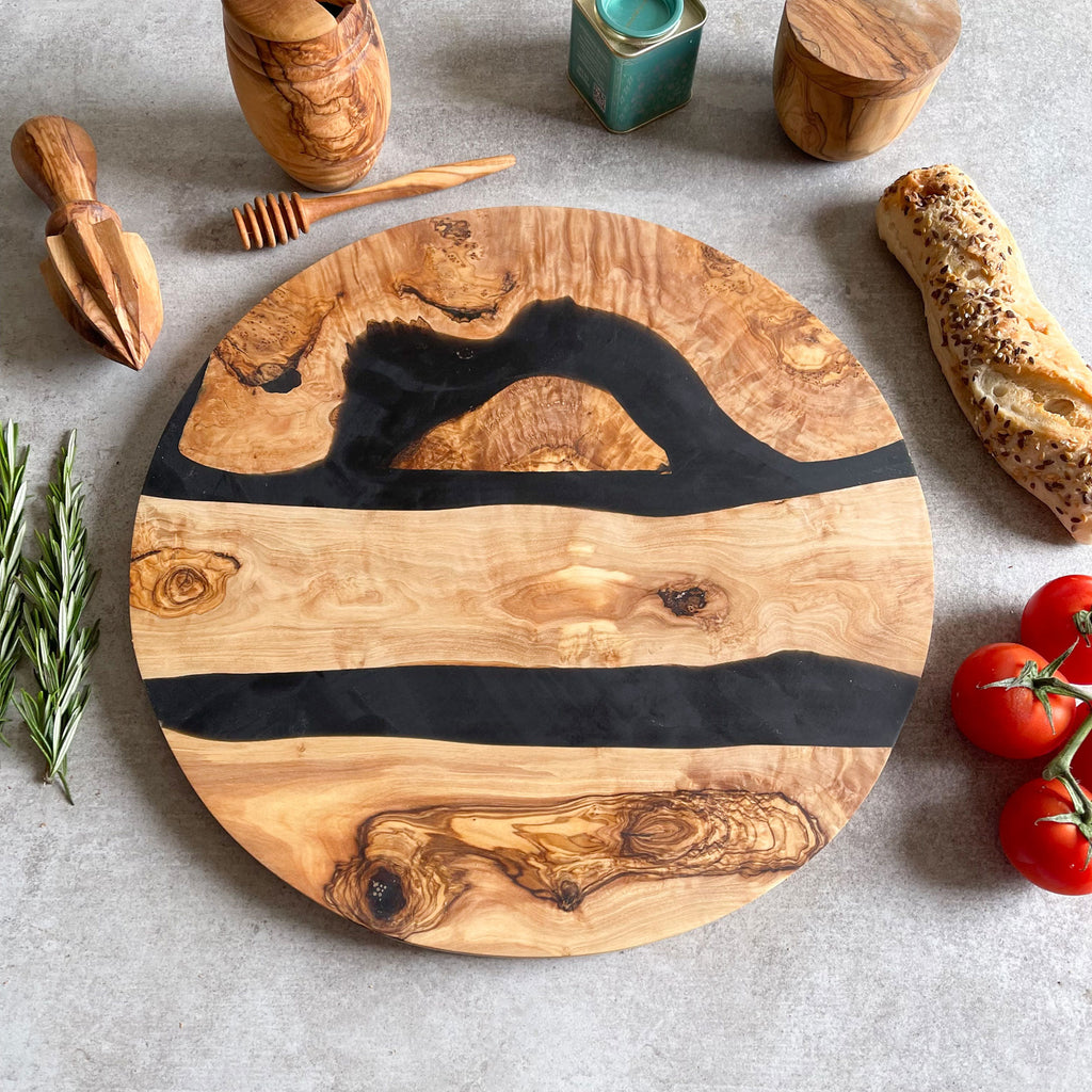 Large Olive Wood Serving River Board with Dual Black Veins - Dia 14" (35cm)
