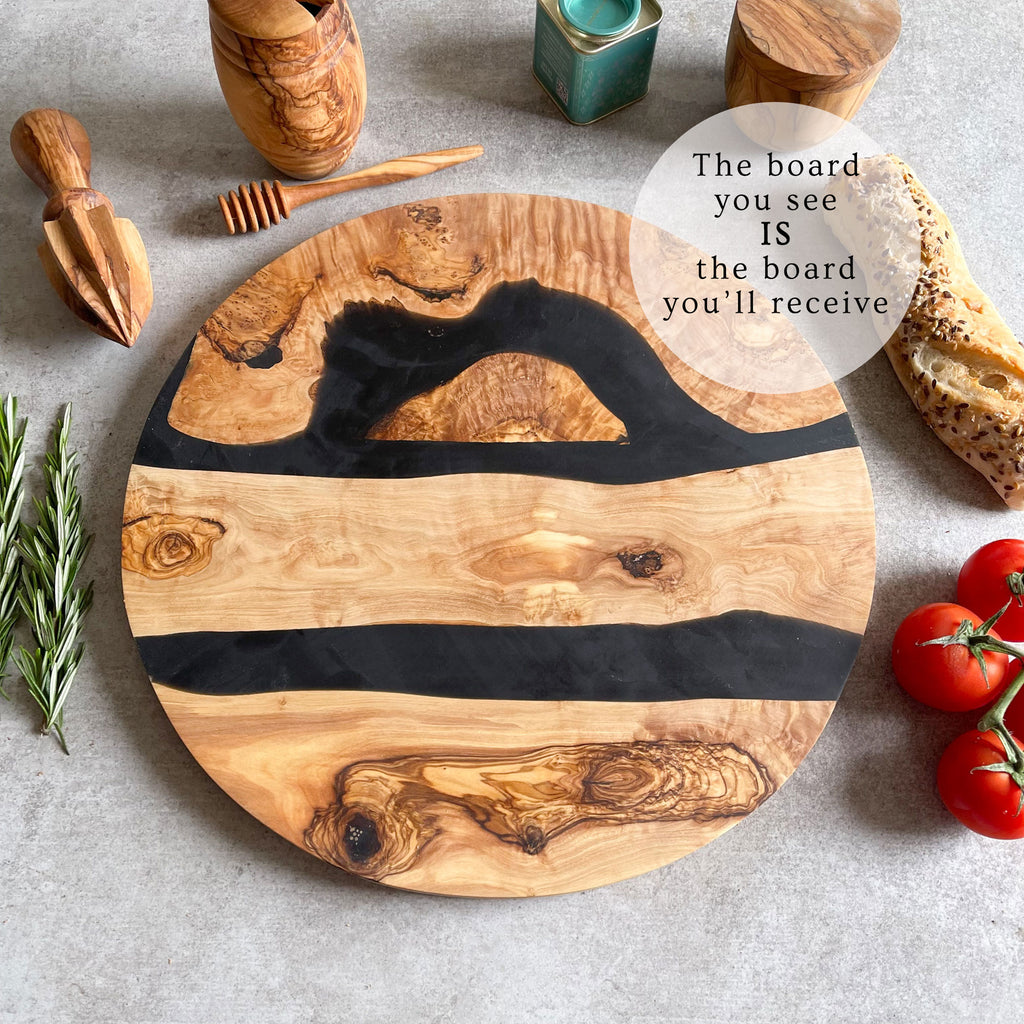 Large Olive Wood Serving River Board with Dual Black Veins - Dia 14" (35cm)