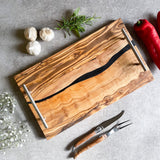 SALE: Olive Wood Resin River Tray - Black Vein | Length 15.7" (40cm) Steel Handles