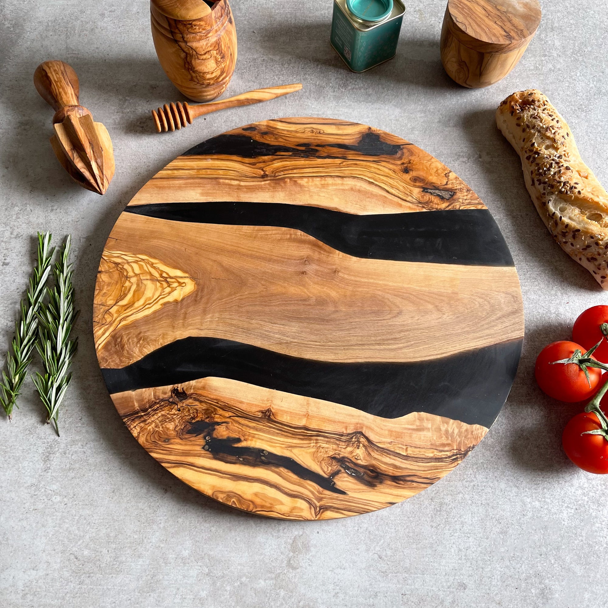 Large Olive Wood Serving River Board with Dual Black Veins - Dia 14" (35cm)