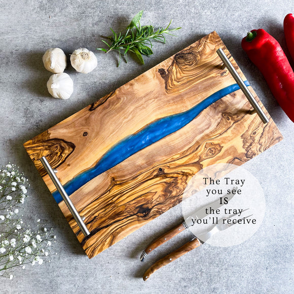 Olive Wood Resin River Tray - Blue Vein | Length 15.7