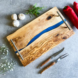 Olive Wood Resin River Tray - Blue Vein | Length 15.7" (40cm) Steel Handles