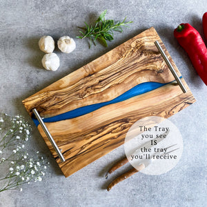 Olive Wood Resin River Tray - Blue Vein | Length 15.7" (40cm) Steel Handles