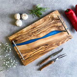 Olive Wood Resin River Tray - Blue Vein | Length 15.7" (40cm) Steel Handles