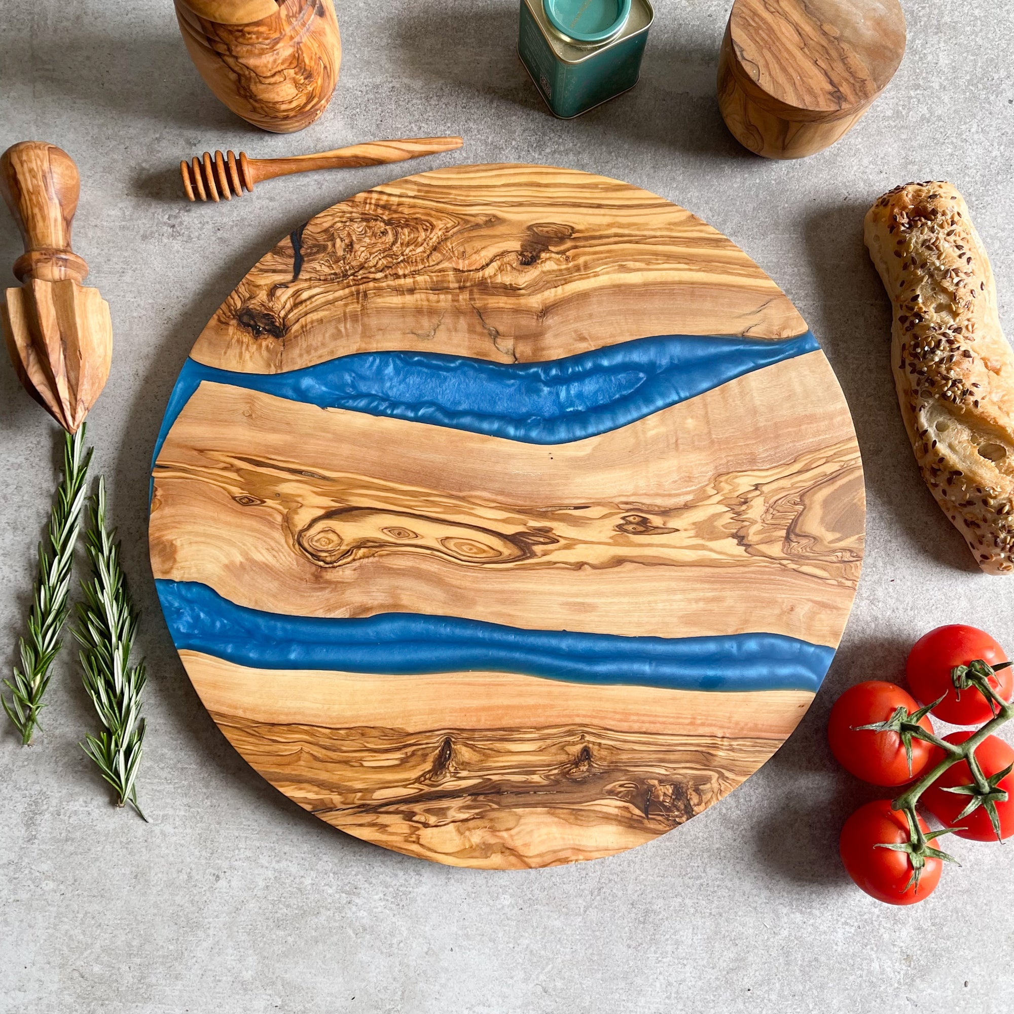 Large Olive Wood Serving River Board with Dual Blue Veins - Dia 14" (35cm)