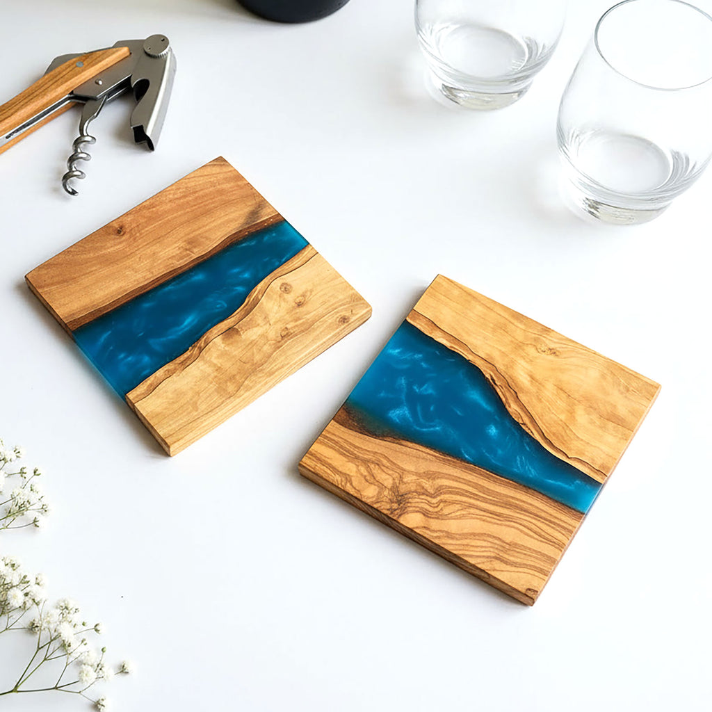 Handmade Rustic Olive Wood & Resin Drinks Coasters