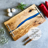 Olive Wood Resin River Tray - Blue Vein | Length 15.7" (40cm) Steel Handles