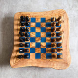 Rustic Olive Wood Chess Board with Chess Pieces