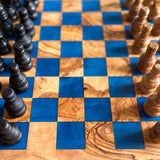 Rustic Olive Wood Chess Board with Chess Pieces