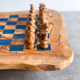 Rustic Olive Wood Chess Board with Chess Pieces