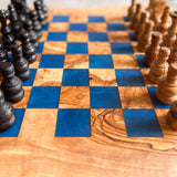 Rustic Olive Wood Chess Board with Chess Pieces