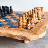 Rustic Olive Wood Chess Board with Chess Pieces