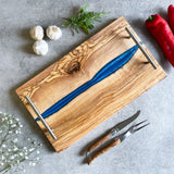 Olive Wood Resin River Tray - Blue Vein | Length 15.7" (40cm) Steel Handles