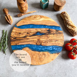 Large Olive Wood Serving River Board with Dual Blue Veins - Dia 14" (35cm)