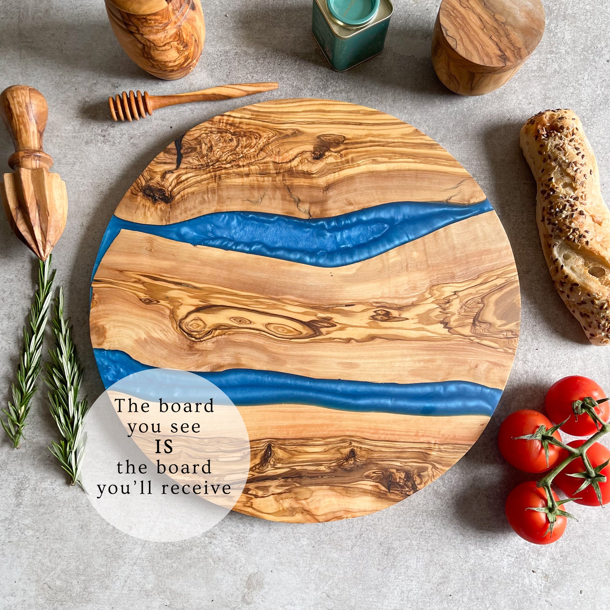 Large Olive Wood Serving River Board with Dual Blue Veins - Dia 14" (35cm)