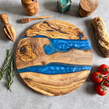 Large Olive Wood Serving River Board with Dual Blue Veins - Dia 14" (35cm)