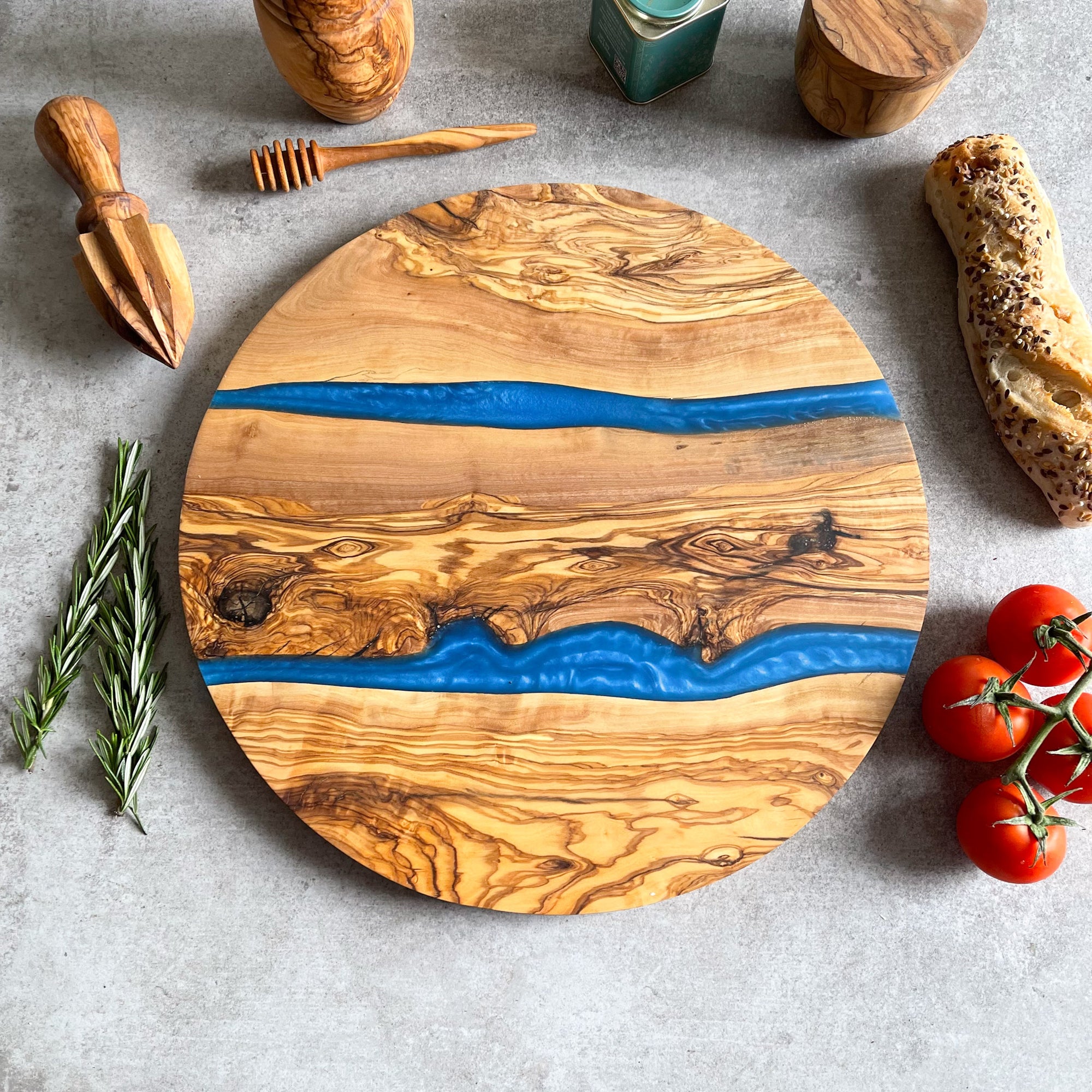 Large Olive Wood Serving River Board with Dual Blue Veins - Dia 14" (35cm)