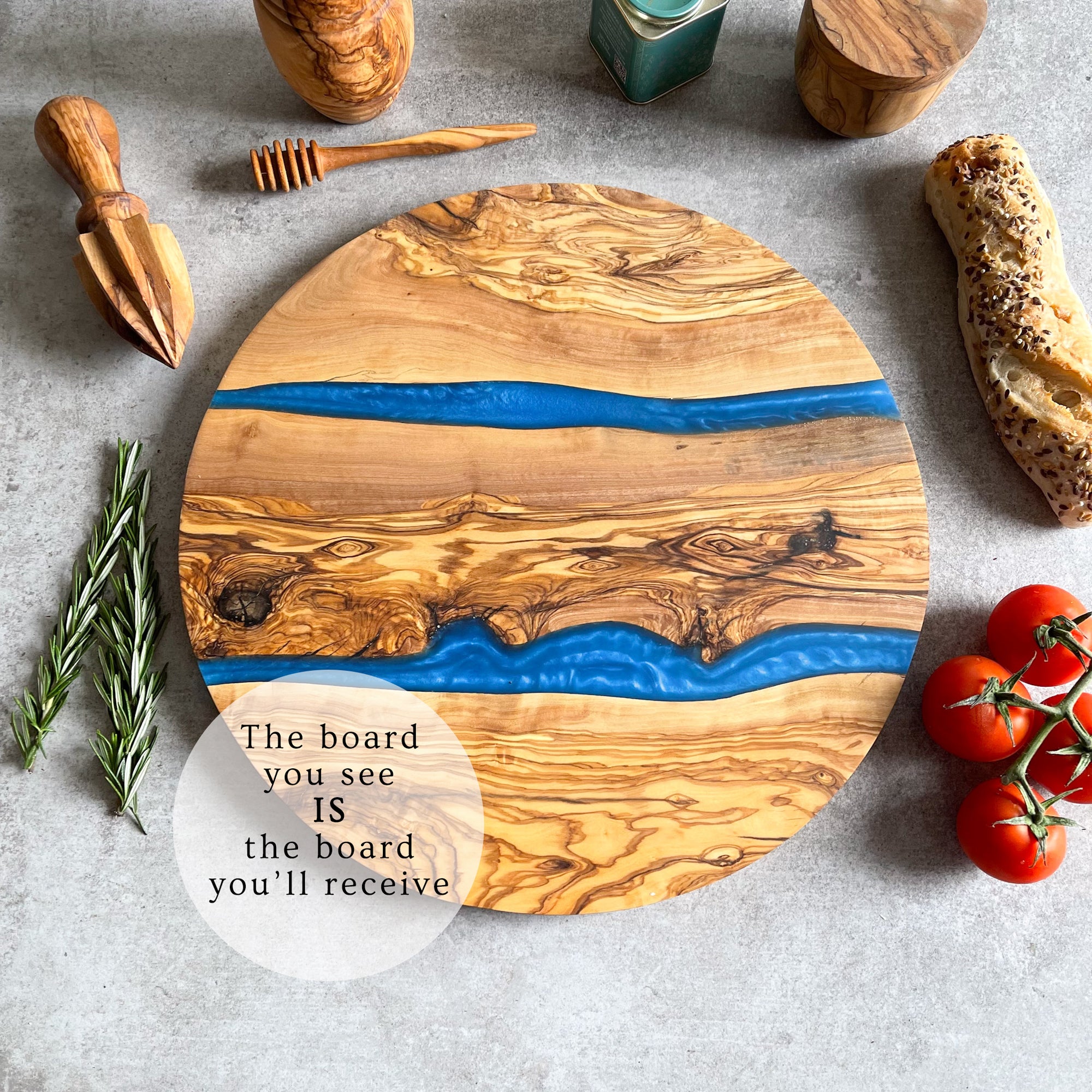 Large Olive Wood Serving River Board with Dual Blue Veins - Dia 14" (35cm)