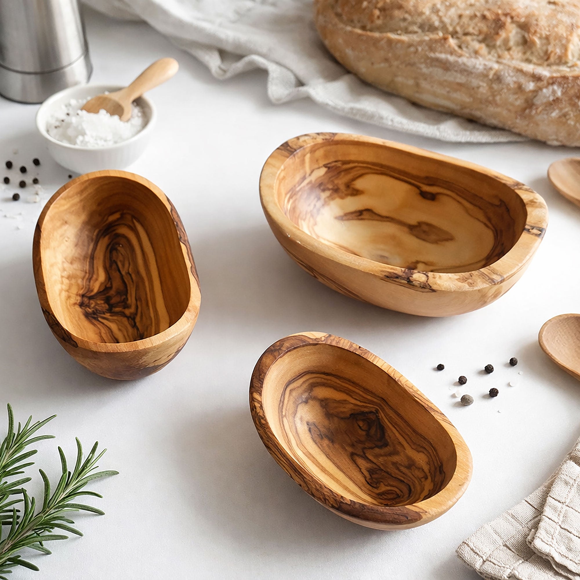 Set of 3 Rustic Olive Wood Small Stackable Condiment Dishes