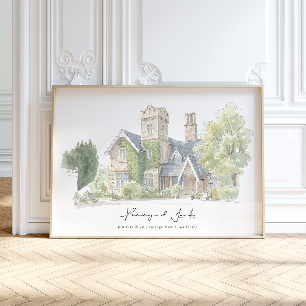 Personalised Watercolour Wedding Venue or Church Portrait Print