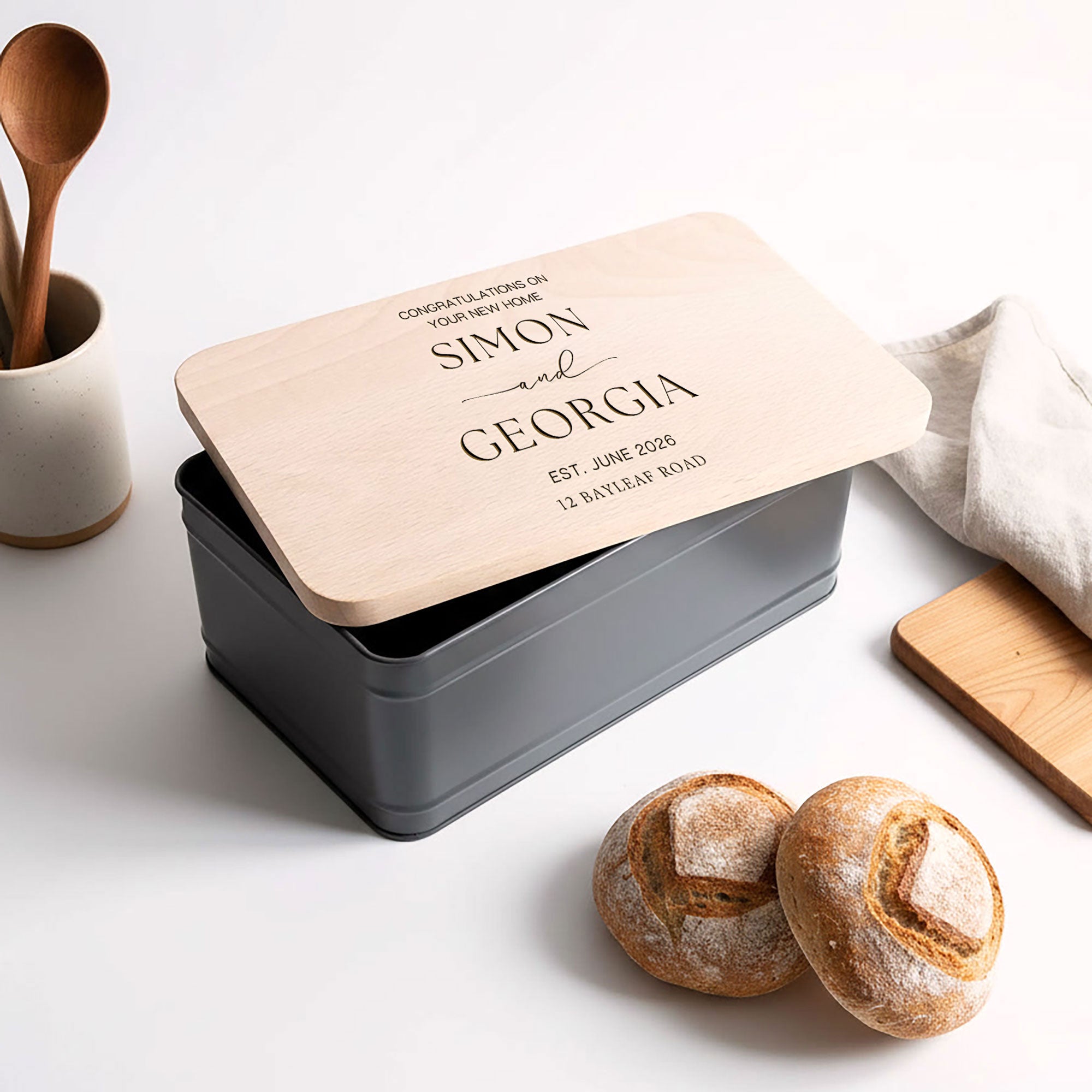 Personalised Bread Storage Bin with Engraved Wooden Lid