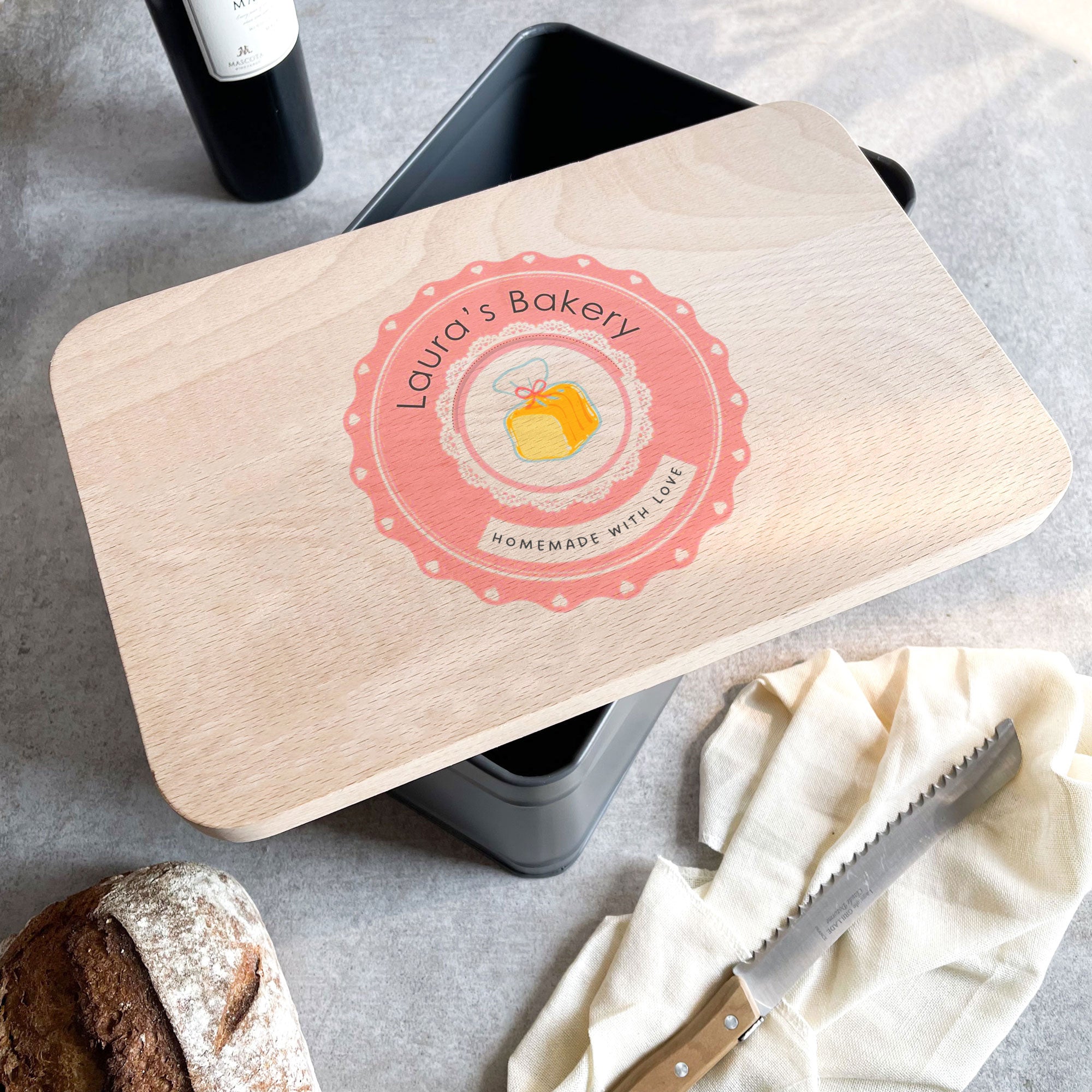 Personalised Bread Bin/Cake Tin with Wooden Lid