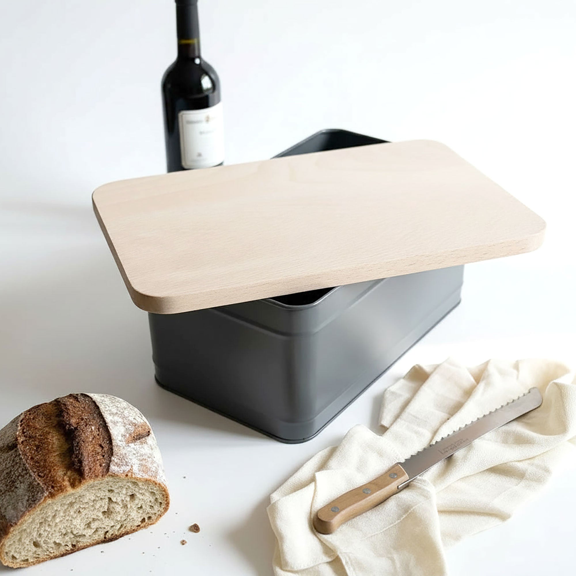 Premium Bread Bin with Wooden Lid -  Charcoal