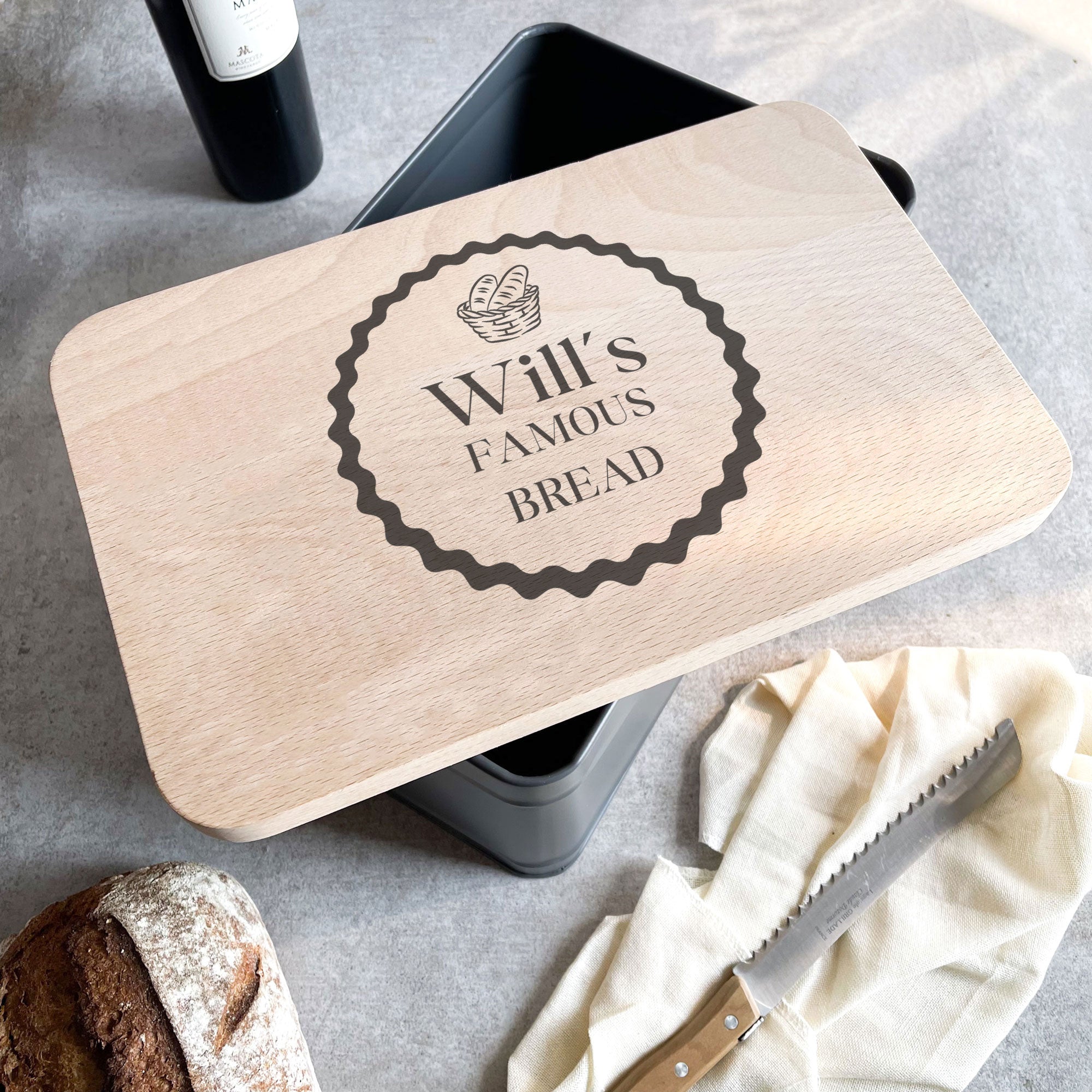 Personalised Bread Bin/Cake Tin with Wooden Lid
