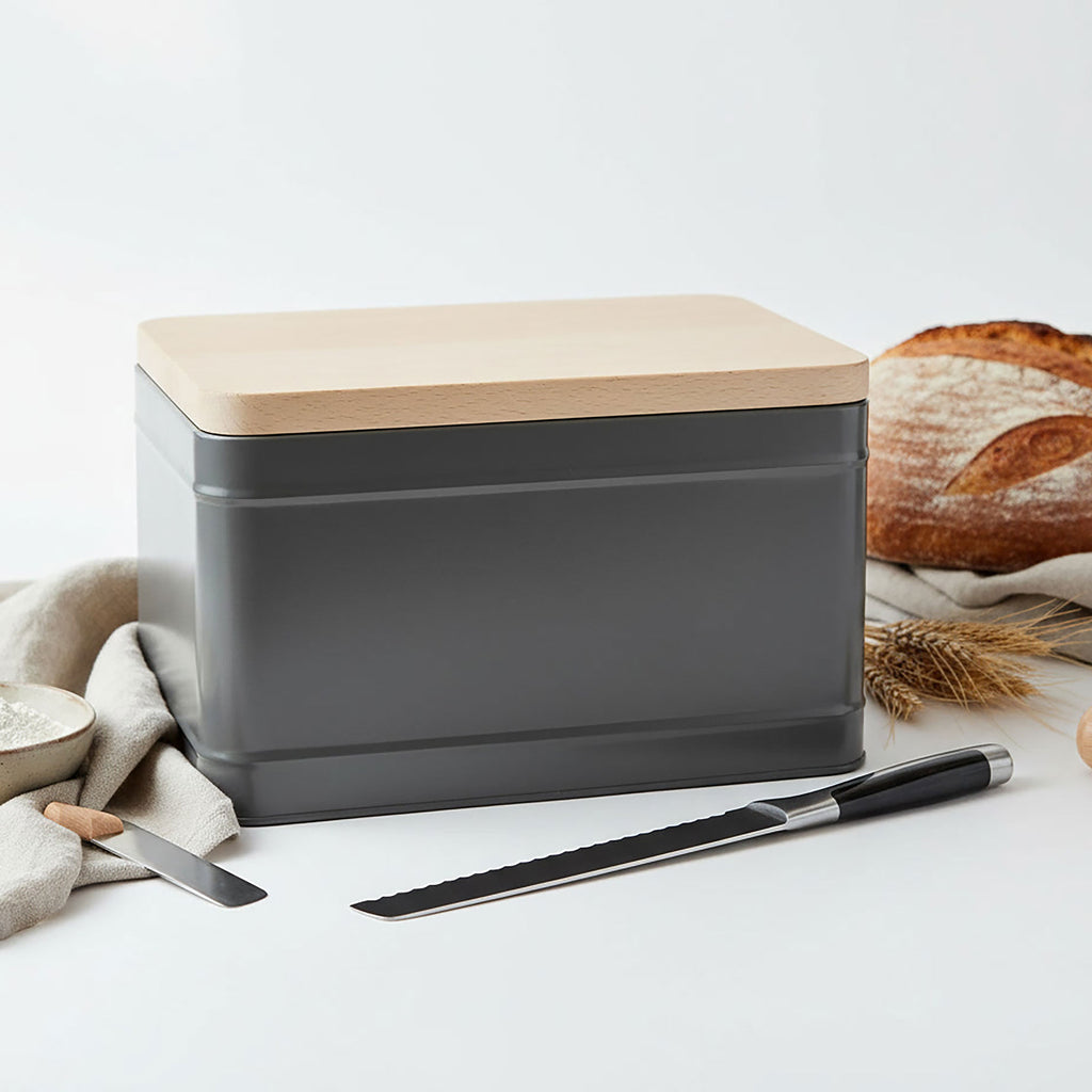 Premium Bread Bin with Wooden Lid -  Charcoal