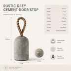 Rustic grey cement door stop with jute rope handle and product details on a white background