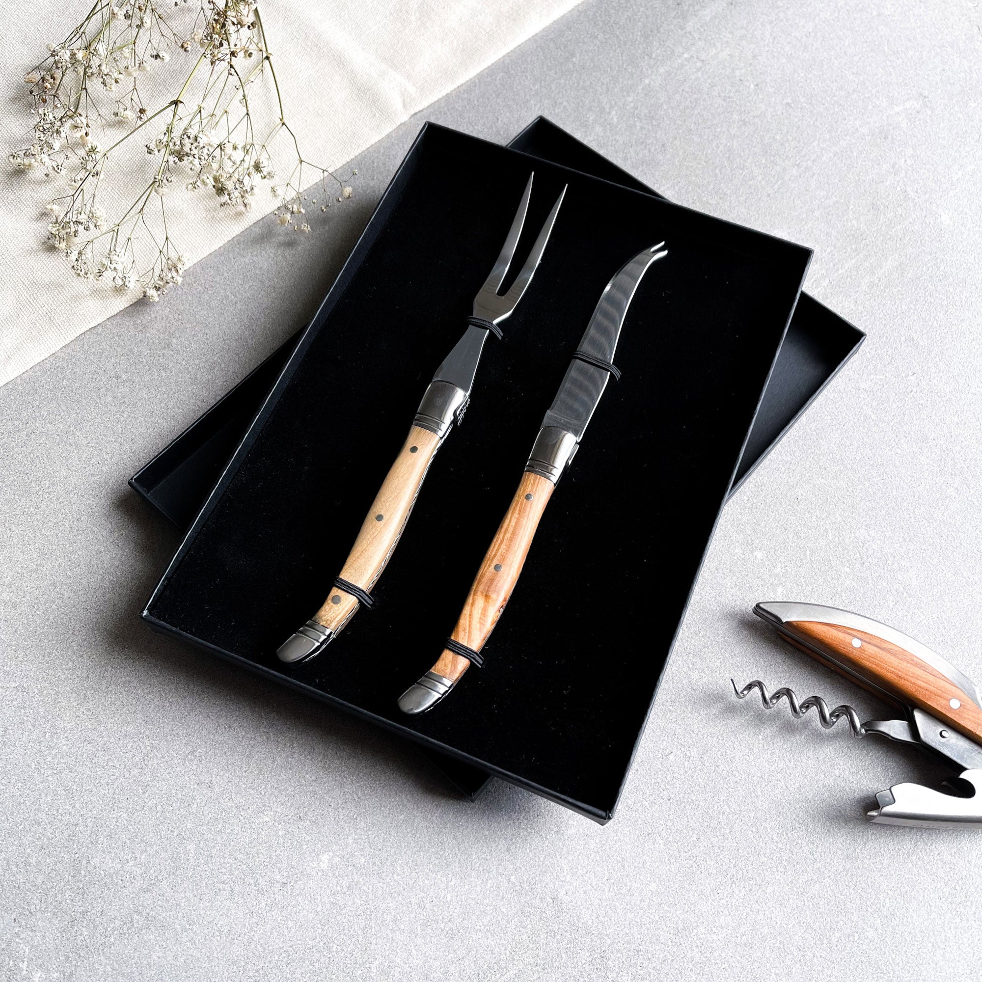 Traditional Olive Wood Handle Cheese Knife and Fork Set