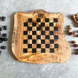Rustic Olive Wood Chess Board with Chess Pieces