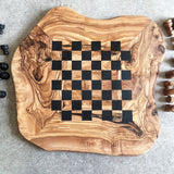 Rustic Olive Wood Chess Board with Chess Pieces
