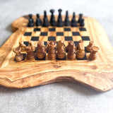 Rustic Olive Wood Chess Board with Chess Pieces