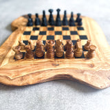 Rustic Olive Wood Chess Board with Chess Pieces