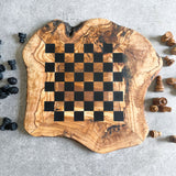 Rustic Olive Wood Chess Board with Chess Pieces