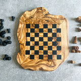 Rustic Olive Wood Chess Board with Chess Pieces