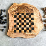 Rustic Olive Wood Chess Board with Chess Pieces
