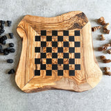 Rustic Olive Wood Chess Board with Chess Pieces