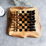Rustic Olive Wood Chess Board with Chess Pieces